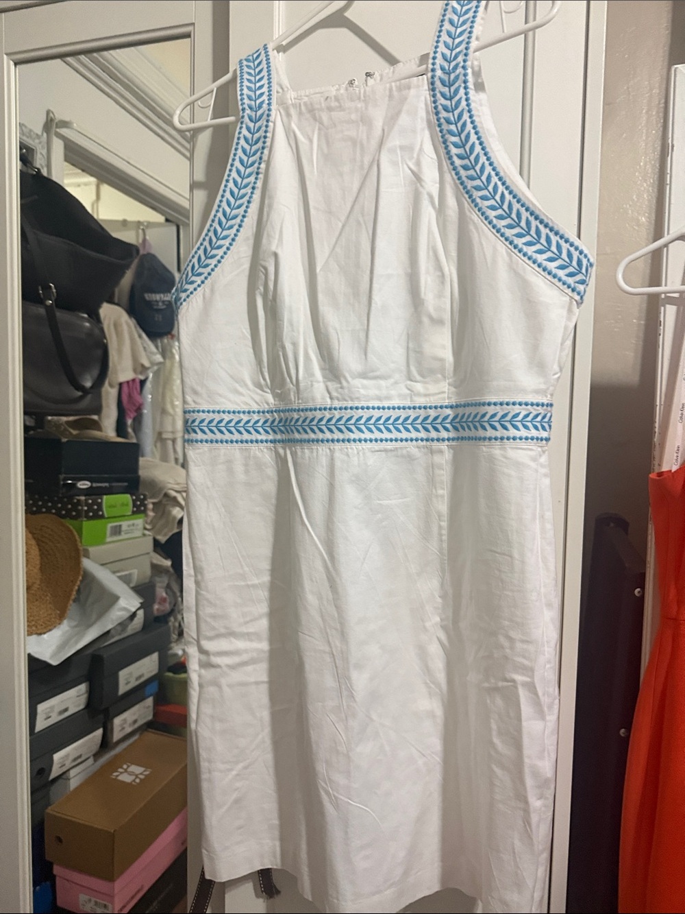 Ann Taylor White Dress with Blue Embroidered Trim
